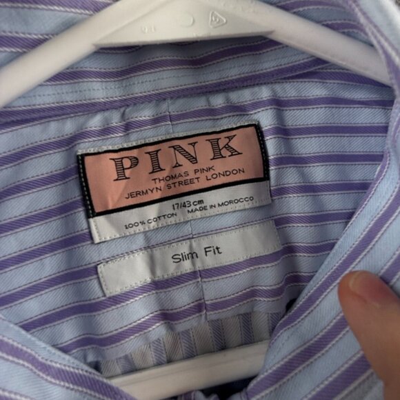 Thomas Pink Long Sleeve Button Up Shirt Cotton Slim Fit 17 French Cuff Striped - Picture 8 of 15